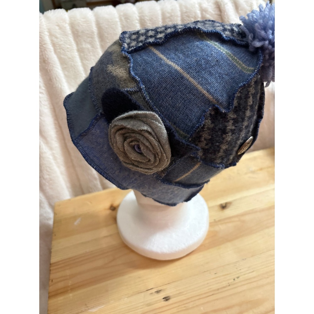 Artisan Upcycled Wool Patchwork Boho Beanie Blue Grey Boho Pom Pom Flower Hat